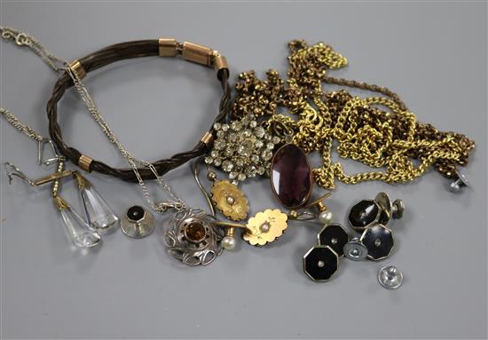 A Victorian yellow metal mounted hair bracelet, a pair of earrings, an Arts & Crafts silver and gem set pendant etc.